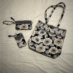 Vera Bradley Black & Cream Floral Quilted Tote with Wristlet and Card Case